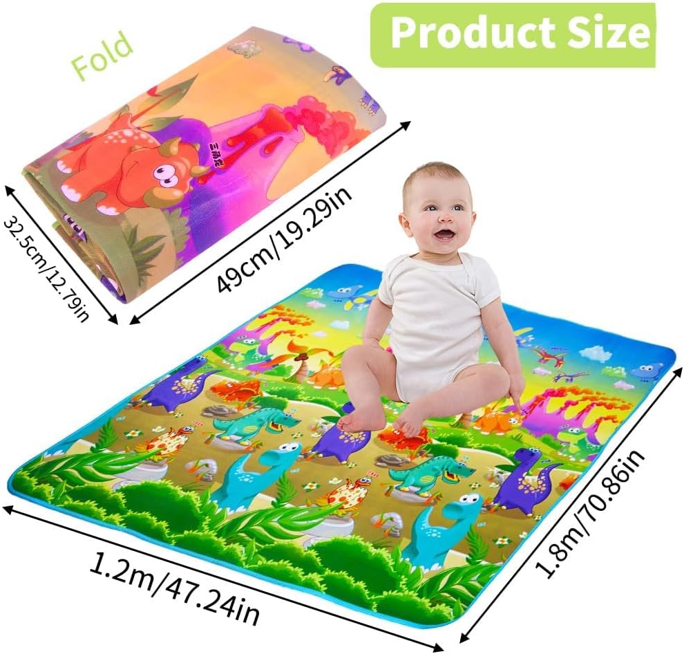Baby Play Mat Foldable Non-Slip Playmat Baby Crawling Mat Soft Thick Baby Play Floor Mat with Colorful Dinosaur Patterns for Sensory Learning Animals Gift Toy 180x 120cm - Image 2