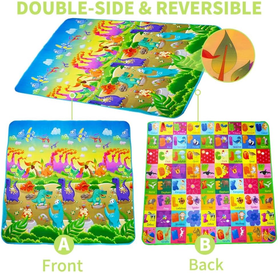 Baby Play Mat Foldable Non-Slip Playmat Baby Crawling Mat Soft Thick Baby Play Floor Mat with Colorful Dinosaur Patterns for Sensory Learning Animals Gift Toy 180x 120cm