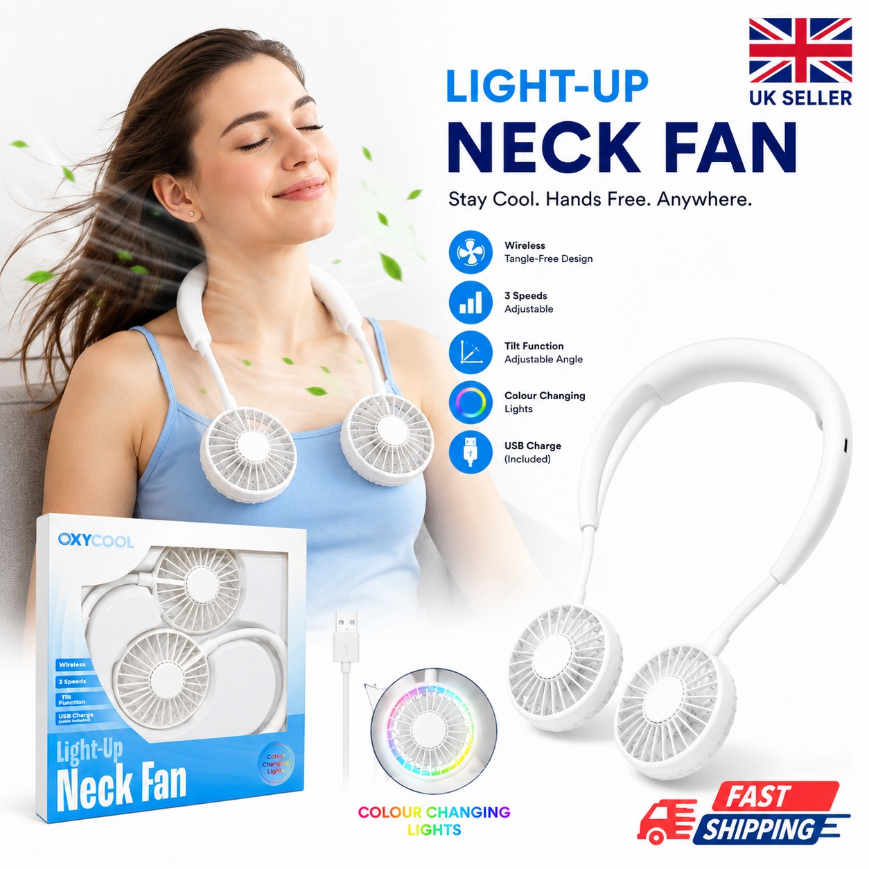 Light-Up Neck Fan – Wireless, Hands-Free Cooling with Adjustable Speeds