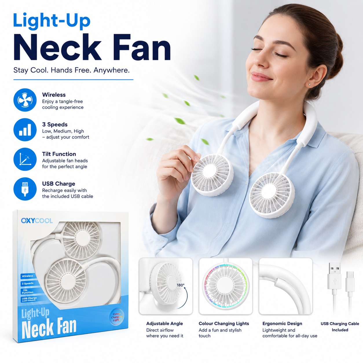 Light-Up Neck Fan – Wireless, Hands-Free Cooling with Adjustable Speeds - Image 4