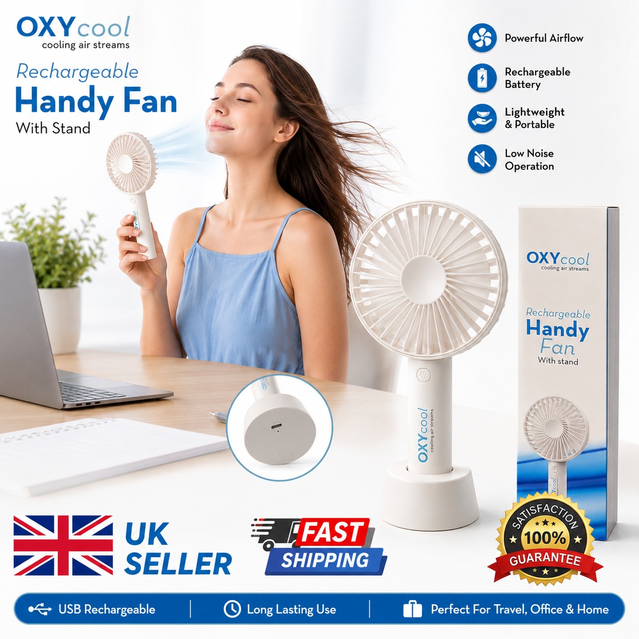 OXYcool Rechargeable Handy Fan with Stand – Portable, Lightweight, Low Noise & Powerful Airflow - Image 7