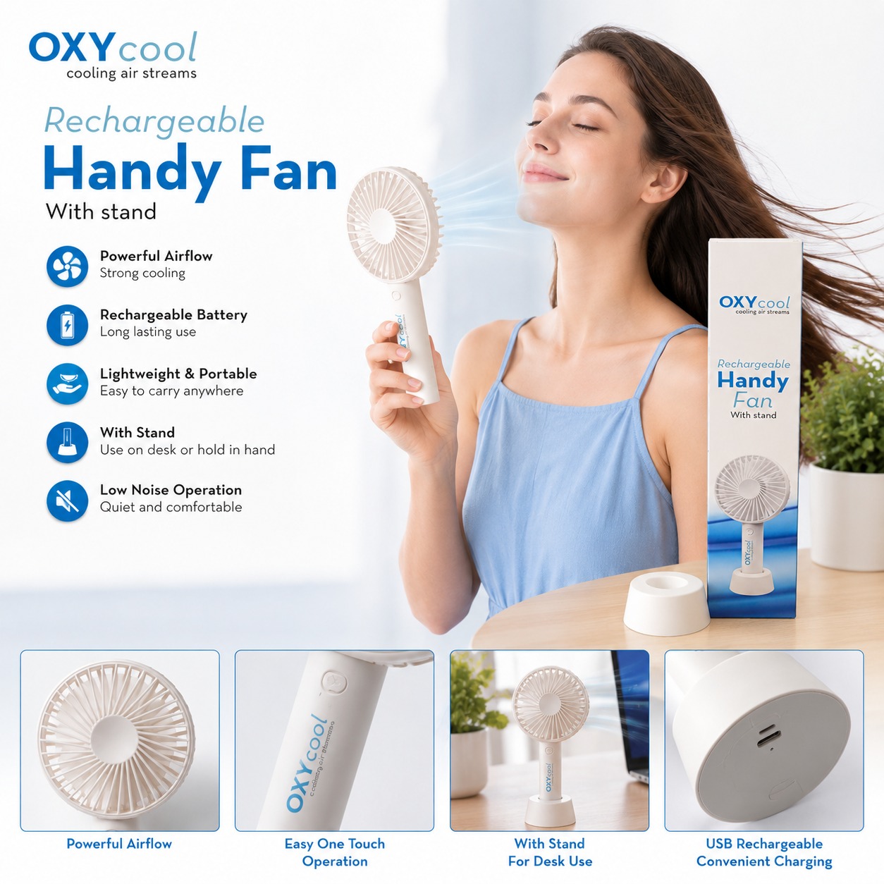OXYcool Rechargeable Handy Fan with Stand – Portable, Lightweight, Low Noise & Powerful Airflow - Image 5