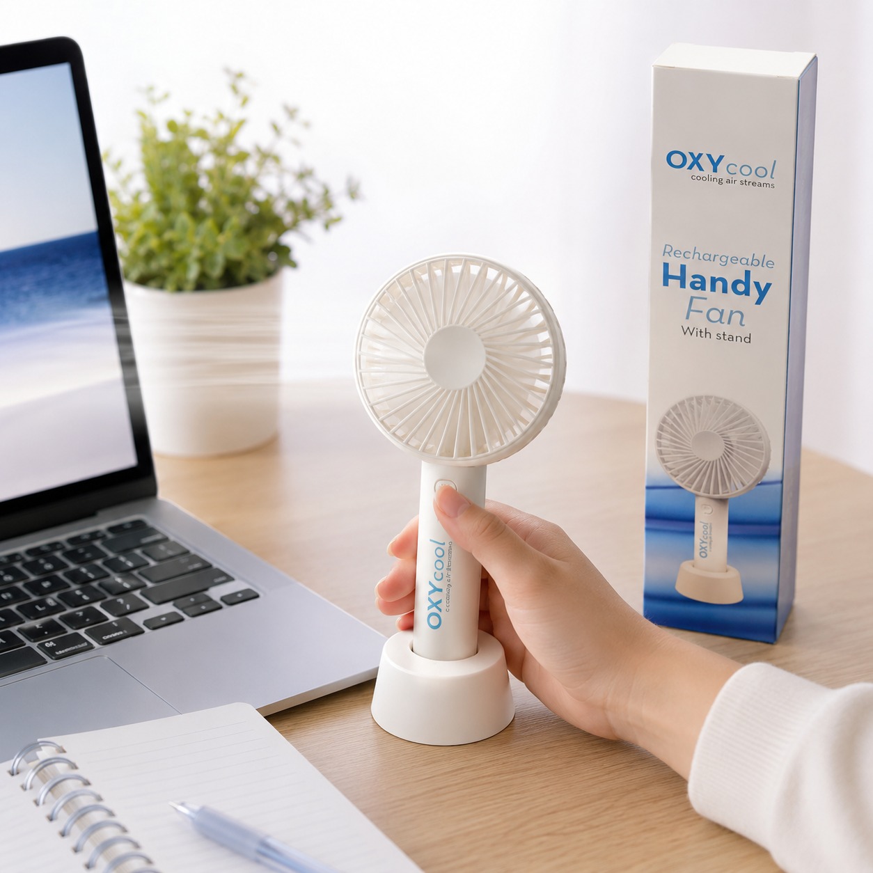 OXYcool Rechargeable Handy Fan with Stand – Portable, Lightweight, Low Noise & Powerful Airflow - Image 4
