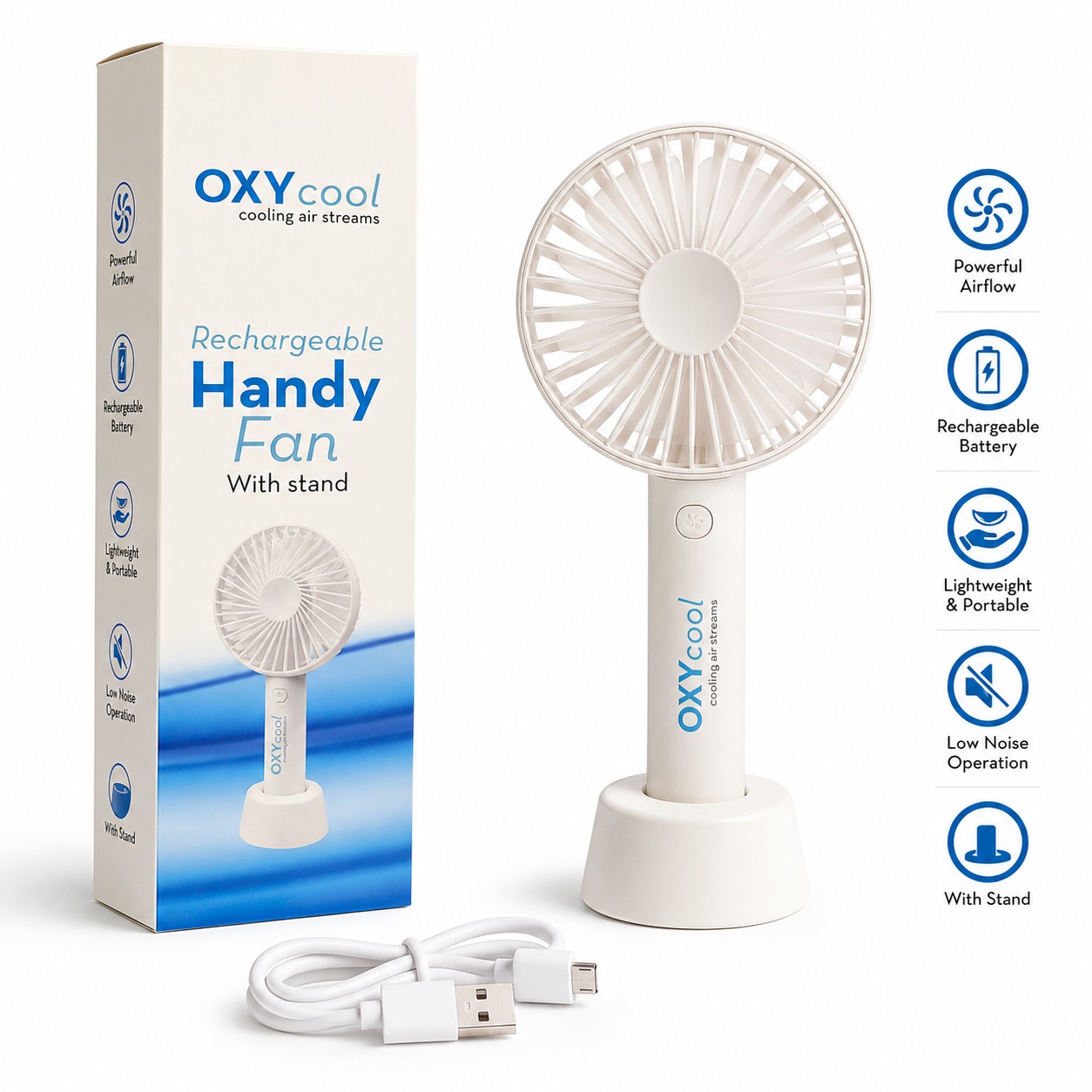 OXYcool Rechargeable Handy Fan with Stand – Portable, Lightweight, Low Noise & Powerful Airflow - Image 6