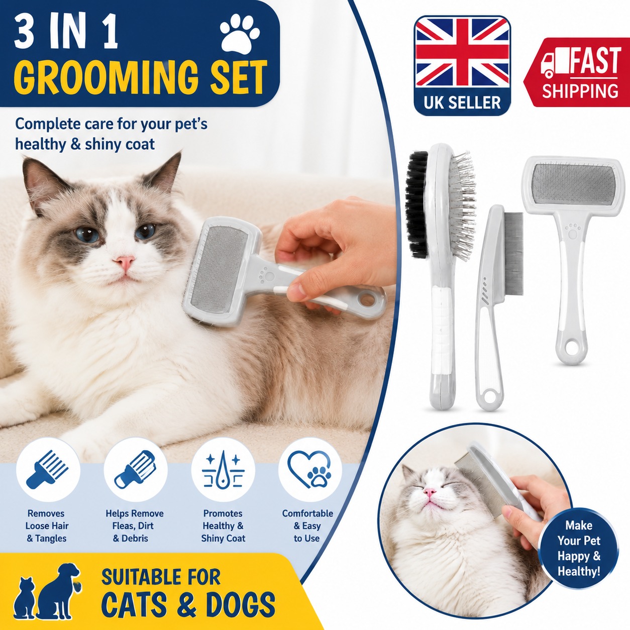 3-in-1 Pet Grooming Set – Pin & Bristle Brush, Flea Comb & Slicker Brush - Image 4