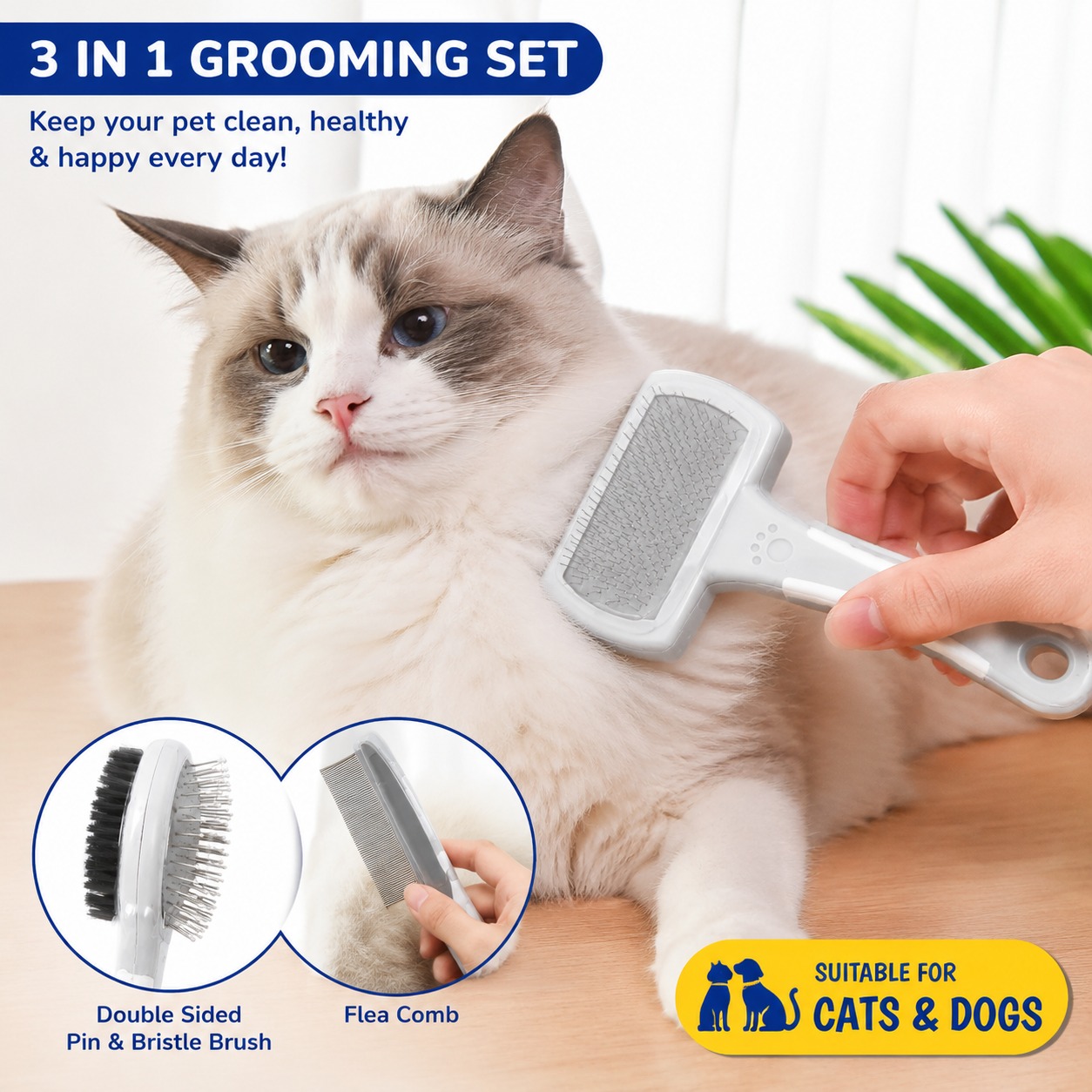 3-in-1 Pet Grooming Set – Pin & Bristle Brush, Flea Comb & Slicker Brush - Image 2