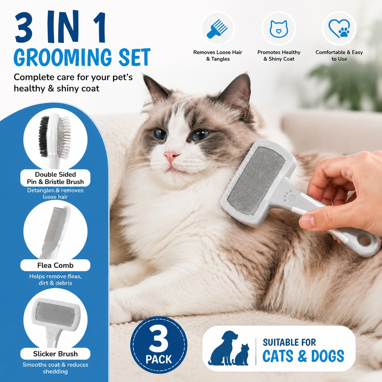 3-in-1 Pet Grooming Set – Pin & Bristle Brush, Flea Comb & Slicker Brush - Image 3