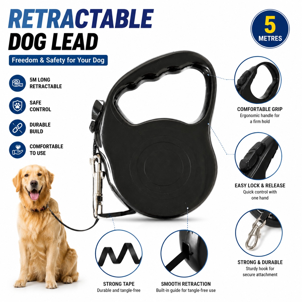 Kingdom Retractable Dog Lead – 5 Metres, Stop, Lock & Release Buttons - Image 4