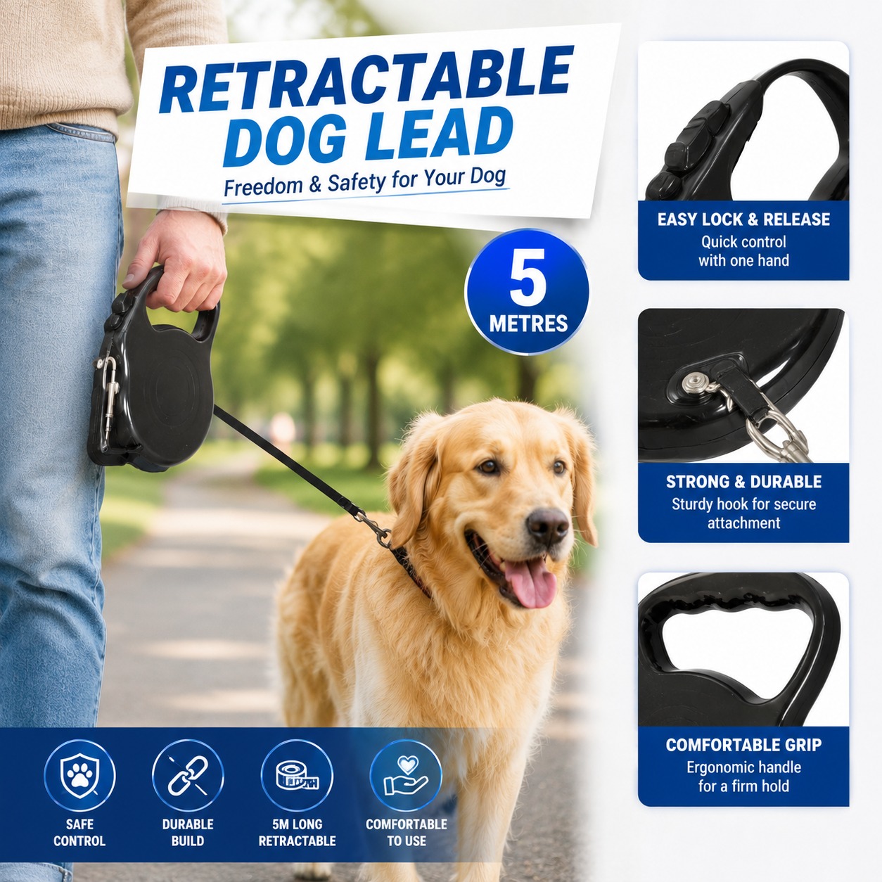 Kingdom Retractable Dog Lead – 5 Metres, Stop, Lock & Release Buttons - Image 3