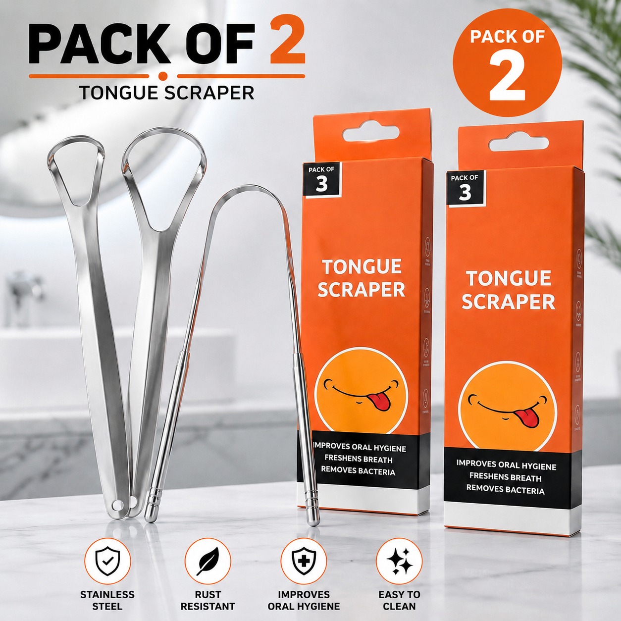 Pack of 2 Stainless Steel Tongue Scrapers – Fresh Breath & Oral Hygiene 1 Pack of 2 Stainless Steel Tongue Scrapers – Fresh Breath & Oral Hygiene