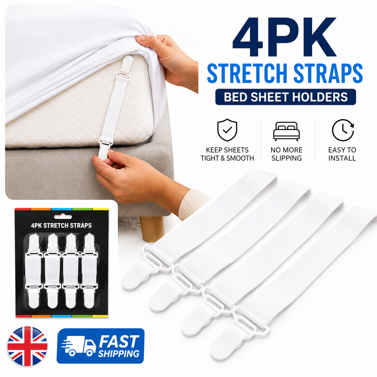 4 Pack Stretch Straps Adjustable Elastic Sheet Grippers Bed Sheet Holders White 5 4 Pack Stretch Straps Adjustable Elastic Sheet Grippers Bed Sheet Holders White - Image 5
