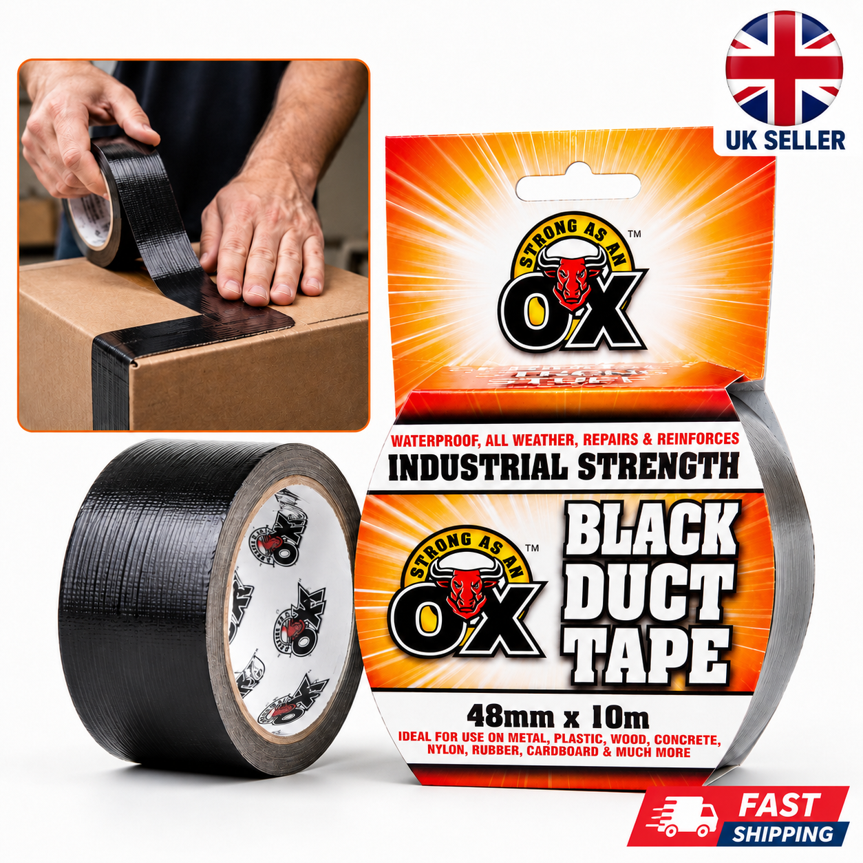 OX Black Duct Tape 48mm x 10m Heavy Duty Waterproof Repair Tape 1 OX Black Duct Tape 48mm x 10m Heavy Duty Waterproof Repair Tape