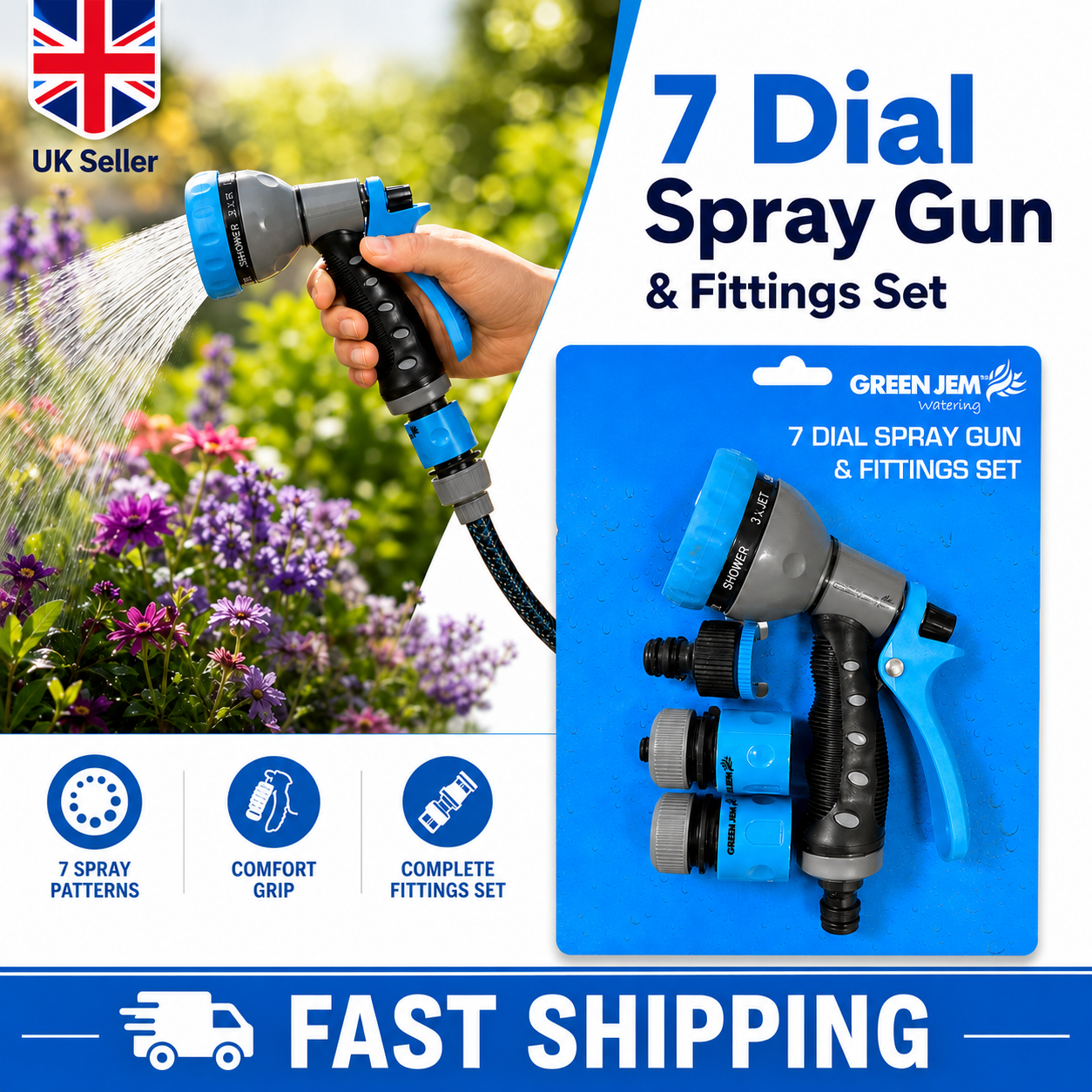 7 Dial Garden Hose Spray Gun with Fittings Set Watering Nozzle Car Wash UK 1 7 Dial Garden Hose Spray Gun with Fittings Set Watering Nozzle Car Wash UK