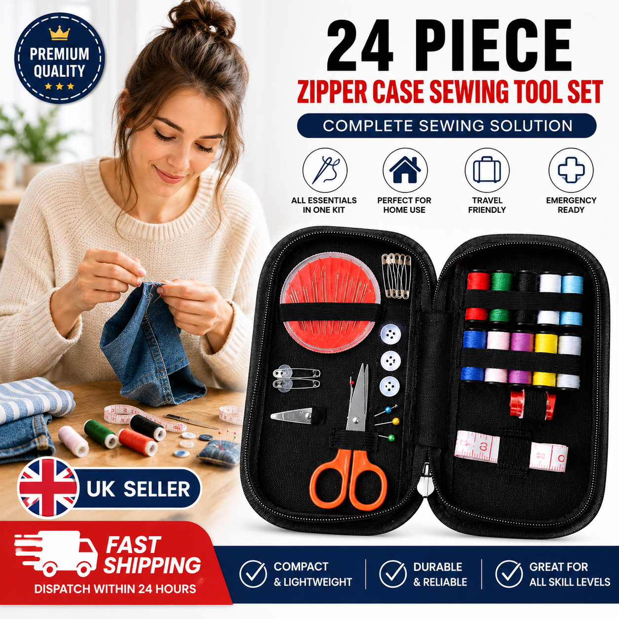 24 Piece Sewing Kit Zipper Case Needles Thread Scissors Travel Repair Set 1 24 Piece Sewing Kit Zipper Case Needles Thread Scissors Travel Repair Set