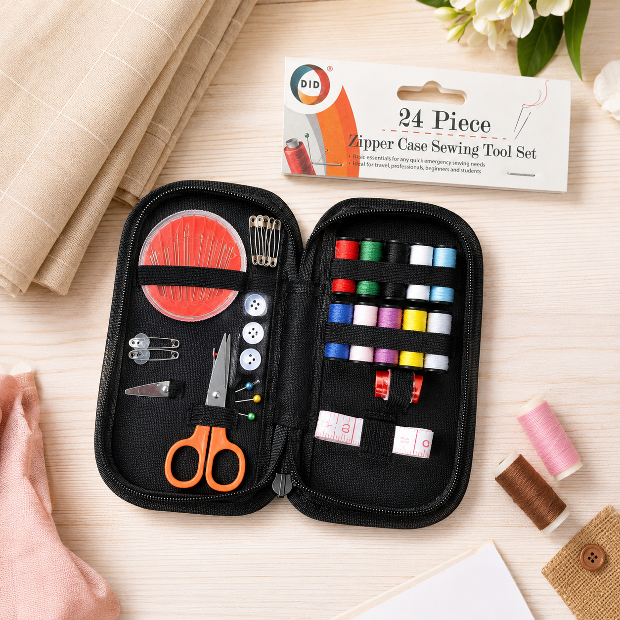 24 Piece Sewing Kit Zipper Case Needles Thread Scissors Travel Repair Set 2 24 Piece Sewing Kit Zipper Case Needles Thread Scissors Travel Repair Set - Image 2