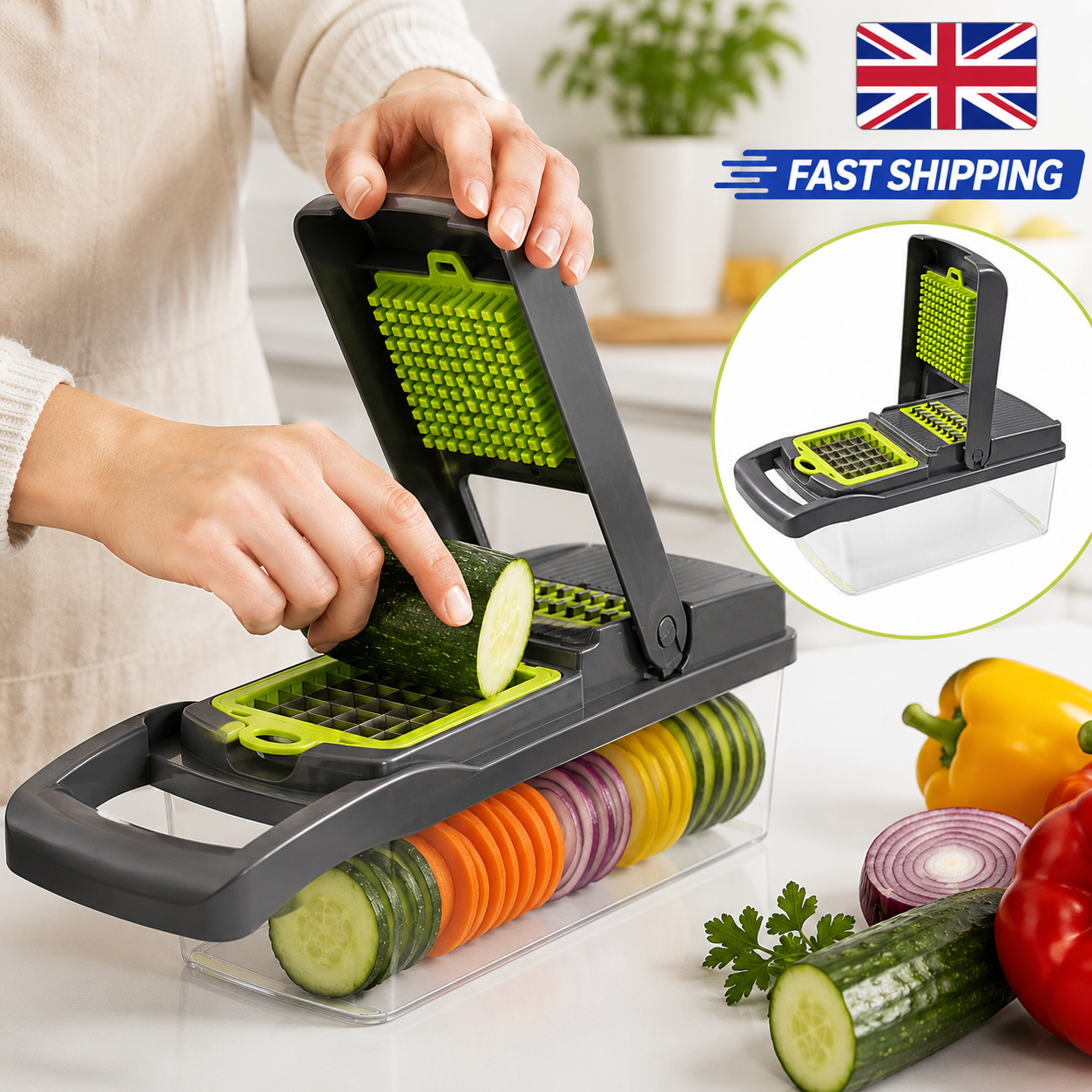 12-in-1 Multifunction Vegetable Chopper & Mandoline Slicer with Container 1 12-in-1 Multifunction Vegetable Chopper & Mandoline Slicer with Container