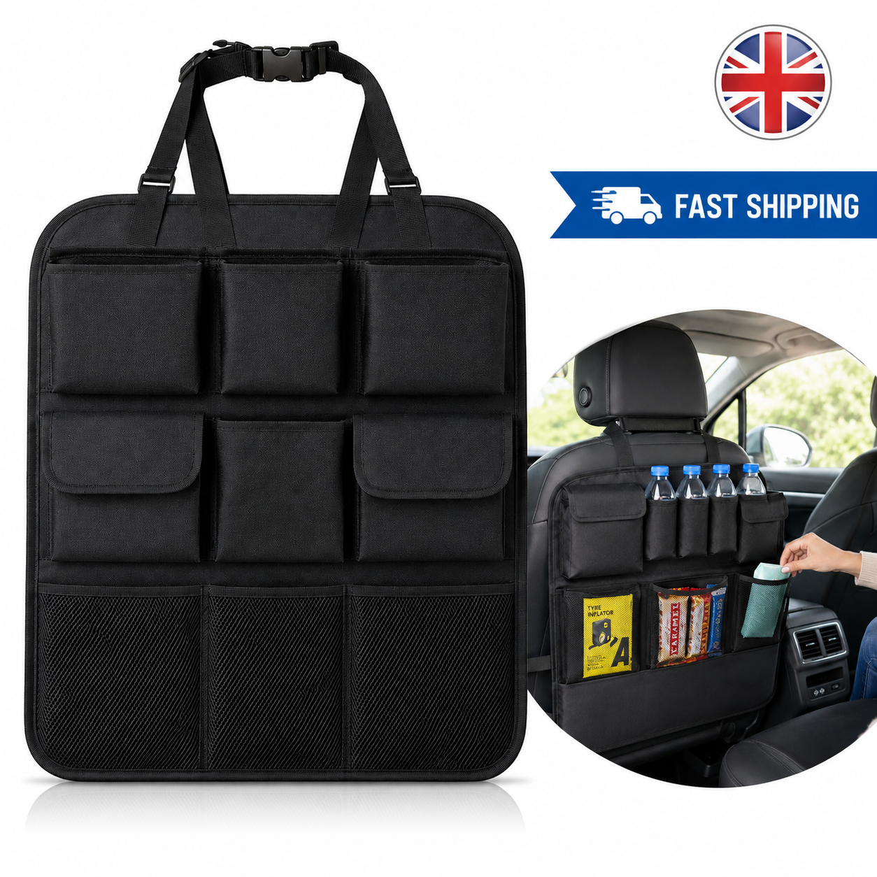 Car Back Seat Organiser with Storage Pockets | Universal Car Seat Back Protector 1 Car Back Seat Organiser with Storage Pockets | Universal Car Seat Back Protector
