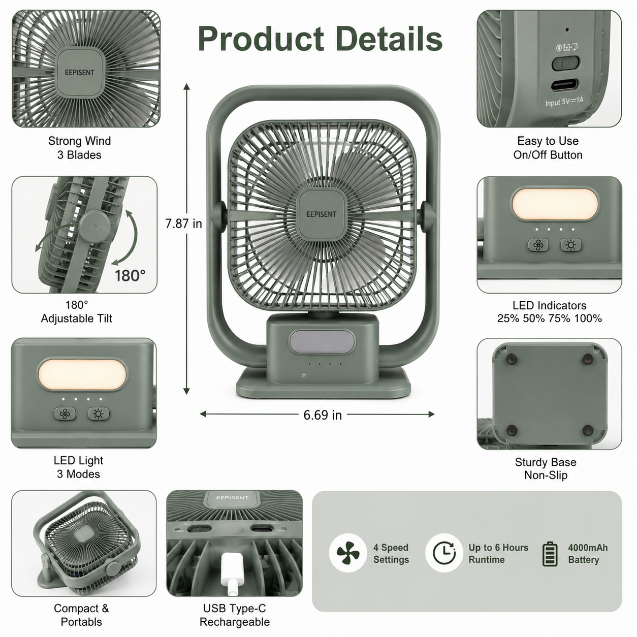 EEPISENT Portable Desk Fan Rechargeable Oscillating LED Display Quiet UK 4 EEPISENT Portable Desk Fan Rechargeable Oscillating LED Display Quiet UK - Image 4