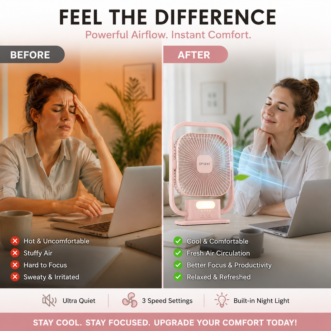 EEPISENT USB Portable Desk Fan Rechargeable Battery Powered Multi Speed Fan with Carry Handle Adjustable Tilt Head Quiet Cooling Fan Home Office Pink 4 EEPISENT USB Portable Desk Fan Rechargeable Battery Powered Multi Speed Fan with Carry Handle Adjustable Tilt Head Quiet Cooling Fan Home Office Pink - Image 4