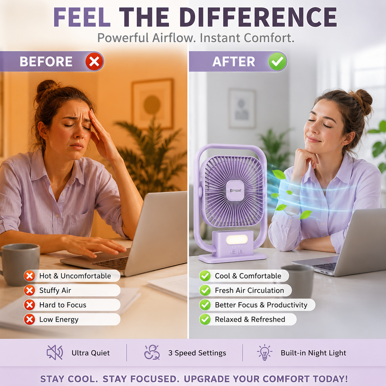 EEPISENT Small Desk Fan with LED Night Light Rechargeable Portable USB Fan Multi Speed Adjustable Tilt Head Carry Handle Home Office Bedroom Purple 5 EEPISENT Small Desk Fan with LED Night Light Rechargeable Portable USB Fan Multi Speed Adjustable Tilt Head Carry Handle Home Office Bedroom Purple - Image 5