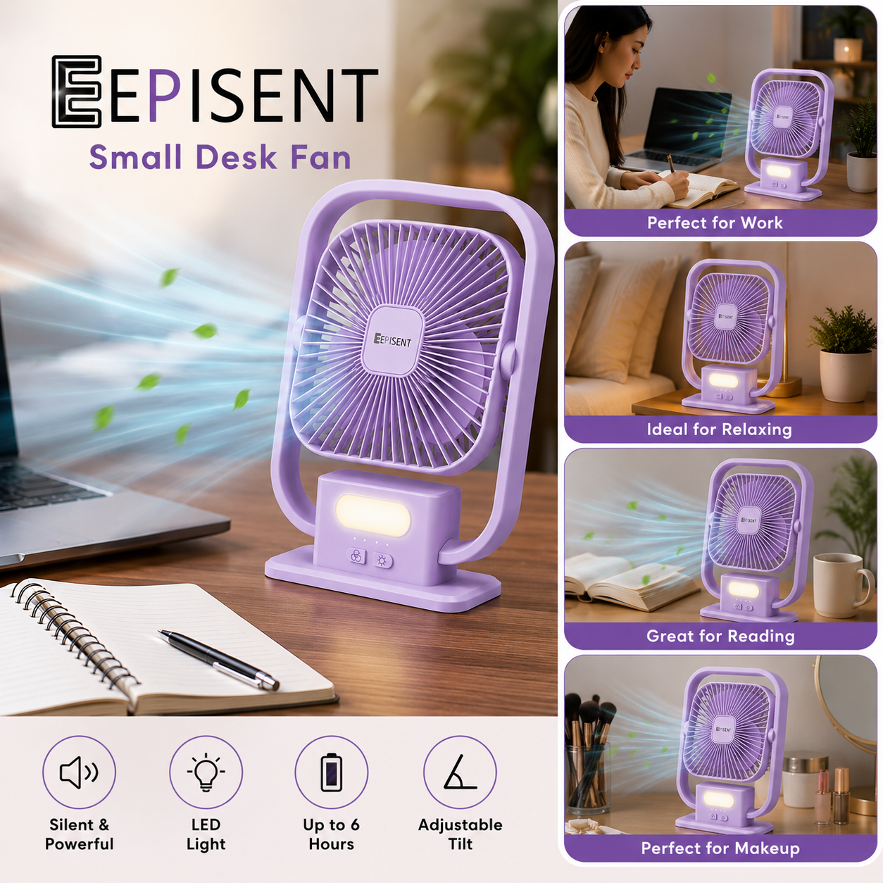 EEPISENT Small Desk Fan with LED Night Light Rechargeable Portable USB Fan Multi Speed Adjustable Tilt Head Carry Handle Home Office Bedroom Purple 3 EEPISENT Small Desk Fan with LED Night Light Rechargeable Portable USB Fan Multi Speed Adjustable Tilt Head Carry Handle Home Office Bedroom Purple - Image 3