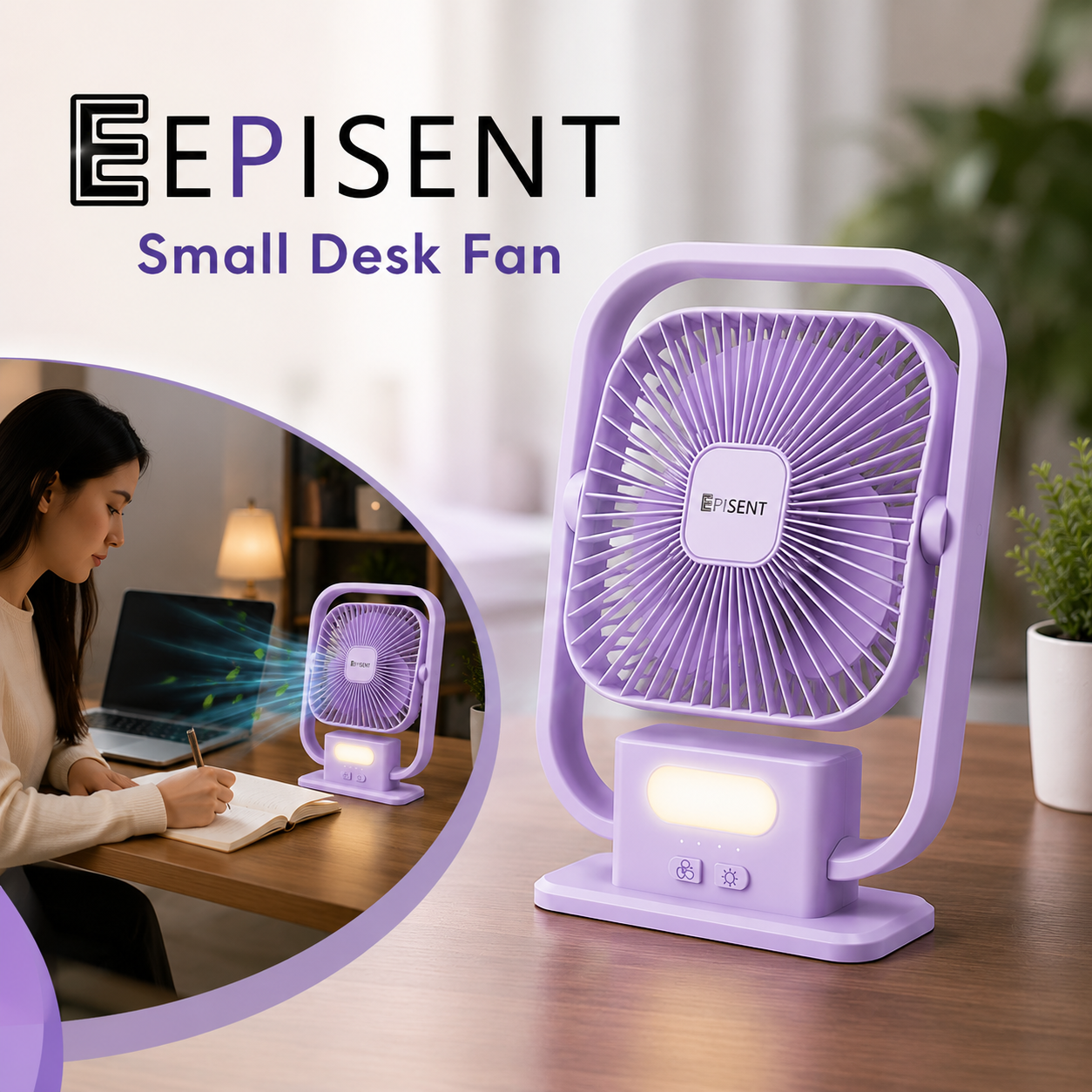 EEPISENT Small Desk Fan with LED Night Light Rechargeable Portable USB Fan Multi Speed Adjustable Tilt Head Carry Handle Home Office Bedroom Purple 4 EEPISENT Small Desk Fan with LED Night Light Rechargeable Portable USB Fan Multi Speed Adjustable Tilt Head Carry Handle Home Office Bedroom Purple - Image 4
