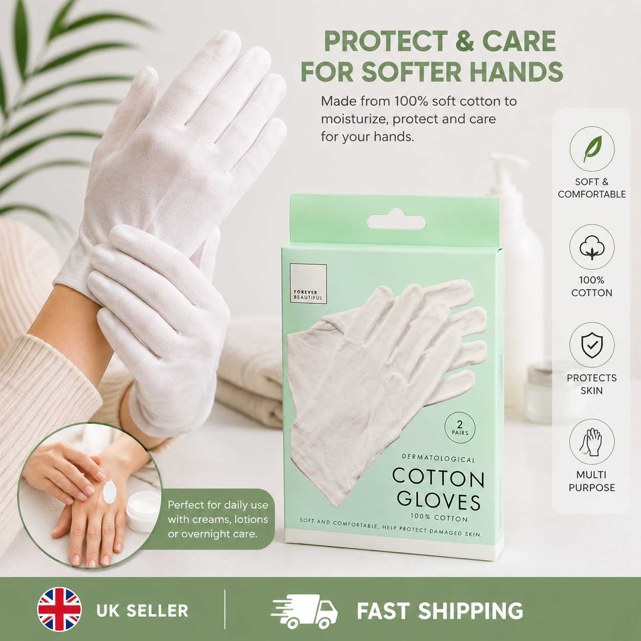 Forever Beautiful 100% Cotton Moisturizing Gloves (2 Pairs) – Soft Overnight Hand Care Gloves 1 Forever Beautiful 100% Cotton Moisturizing Gloves (2 Pairs) – Soft Overnight Hand Care Gloves