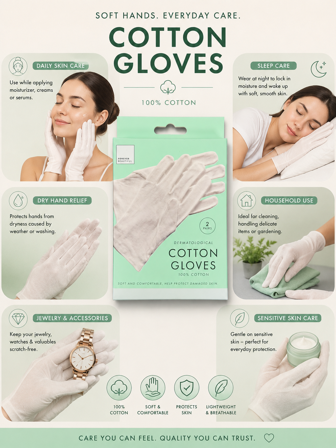 Forever Beautiful 100% Cotton Moisturizing Gloves (2 Pairs) – Soft Overnight Hand Care Gloves 7 Forever Beautiful 100% Cotton Moisturizing Gloves (2 Pairs) – Soft Overnight Hand Care Gloves - Image 7