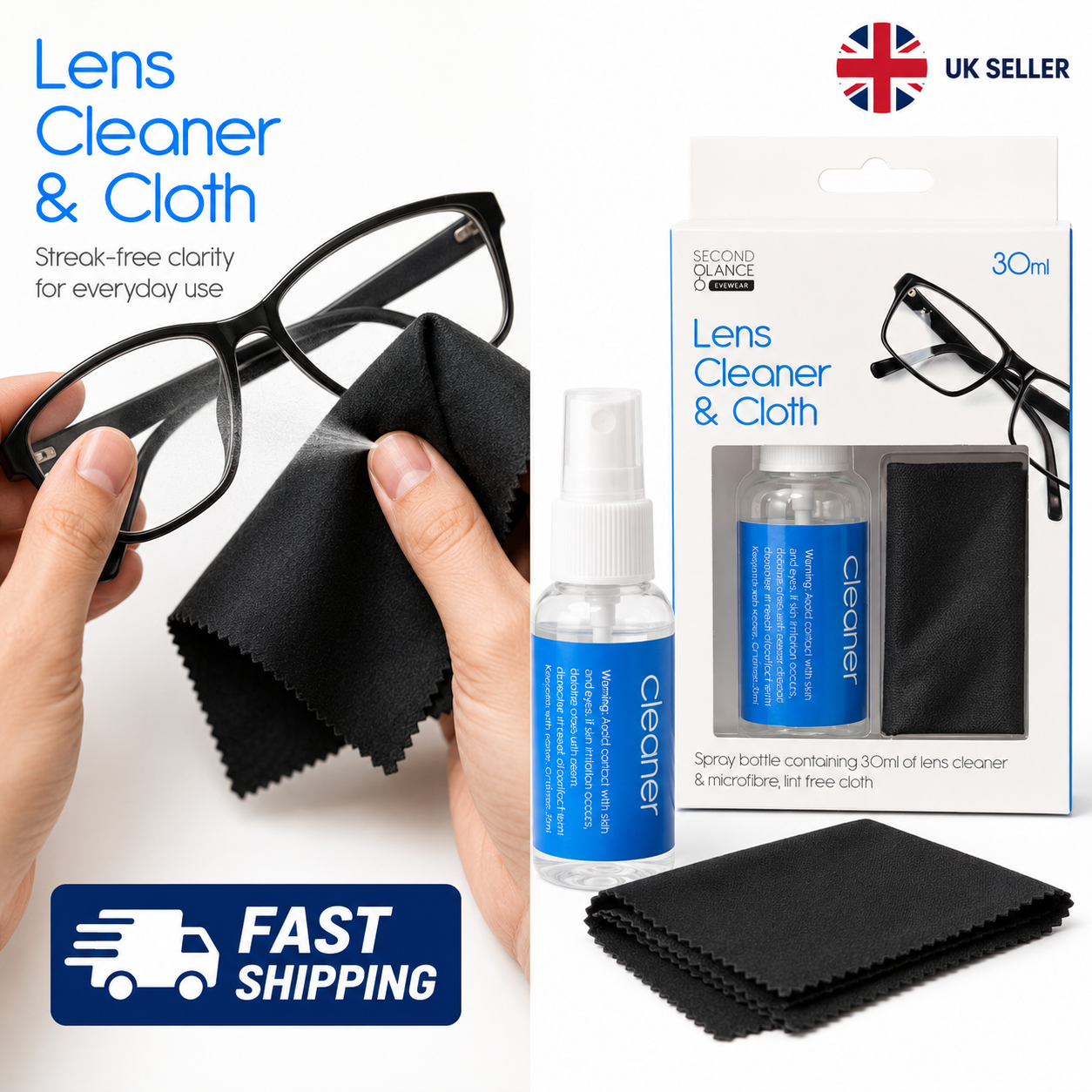 Lens Cleaner & Microfiber Cloth Set – 30ml Eyewear Cleaning Kit 1 Lens Cleaner & Microfiber Cloth Set – 30ml Eyewear Cleaning Kit