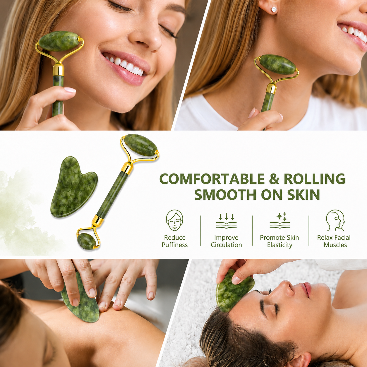 Natural Jade Roller & Gua Sha Set – Facial Massage Tools for Skin Care, Face Lifting & Depuffing 14 Natural Jade Roller & Gua Sha Set