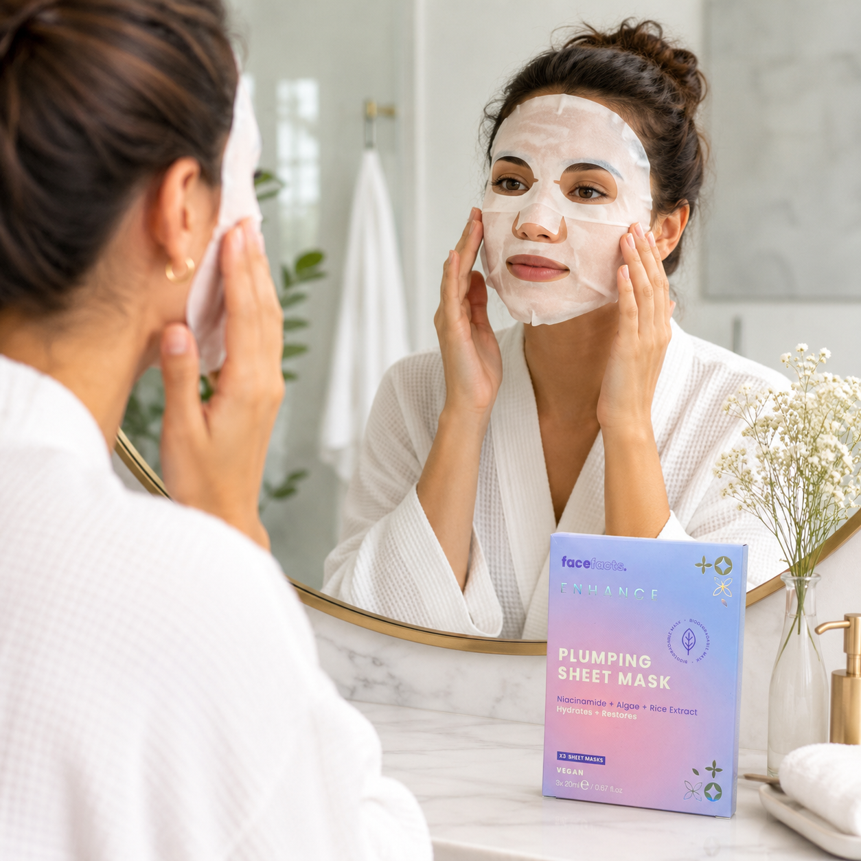 Face Facts Enhance Plumping Sheet Mask (3-Pack) – Hydrating Niacinamide & Rice Extract Face Masks 2 Face Facts Enhance Plumping Sheet Mask (3-Pack) – Hydrating Niacinamide & Rice Extract Face Masks - Image 2