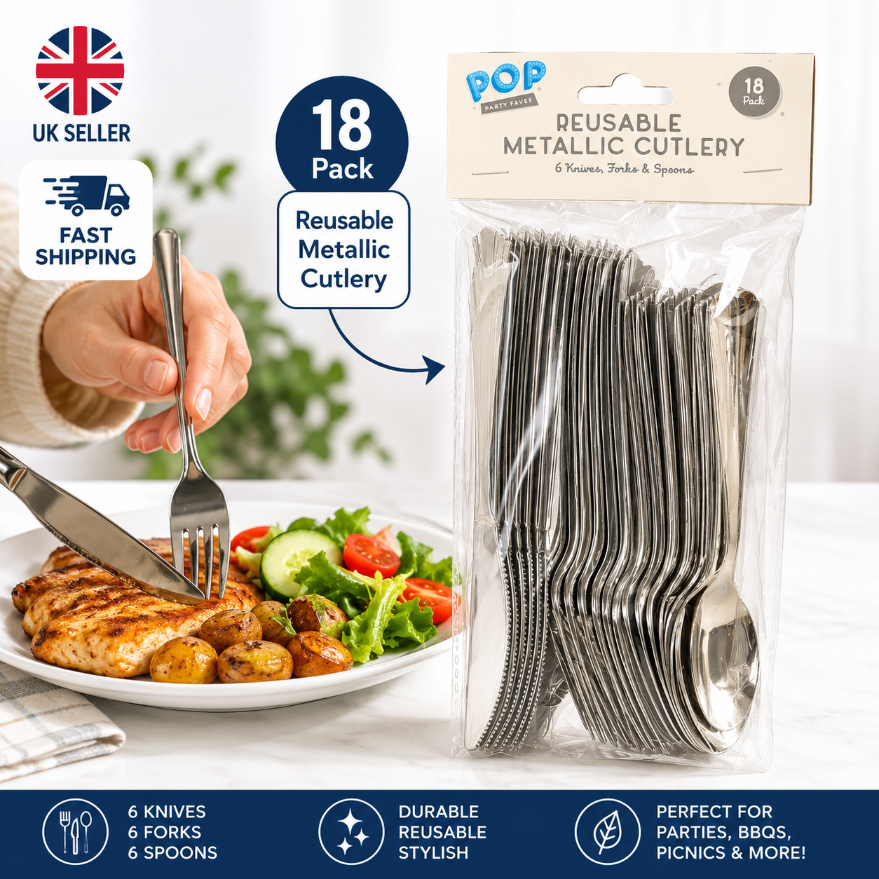 Reusable Metallic Cutlery Set – 18 Piece Stainless Steel Knives, Forks & Spoons 1 Reusable Metallic Cutlery Set – 18 Piece Stainless Steel Knives, Forks & Spoons