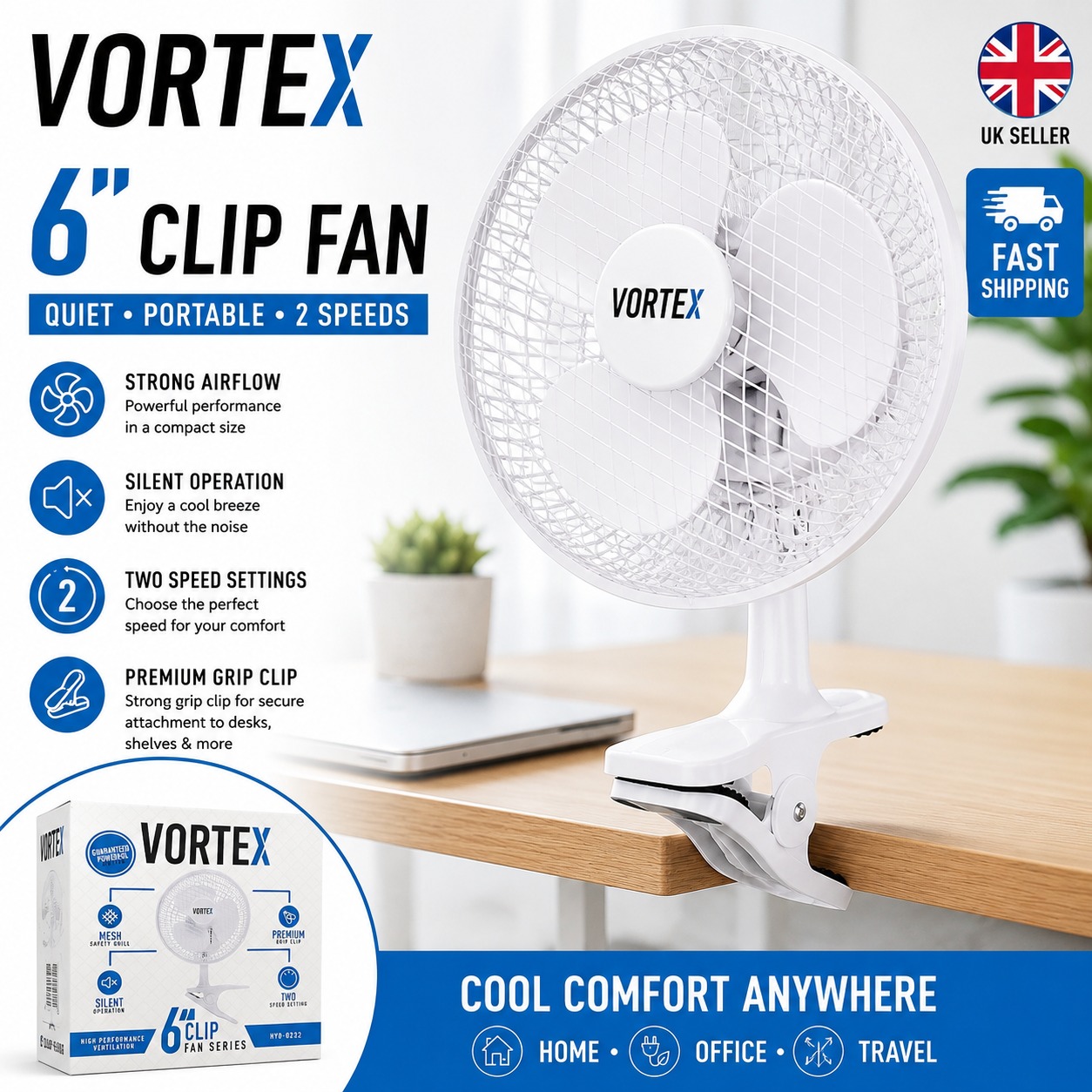 VORTEX 6 Inch Clip Fan Portable Mini Desk Fan 2 Speed Settings Silent Operation Mesh Safety Grill Premium Grip Clamp for Desk Bed Office Home White 1 VORTEX 6 Inch Clip Fan Portable Mini Desk Fan 2 Speed Settings Silent Operation Mesh Safety Grill Premium Grip Clamp for Desk Bed Office Home White