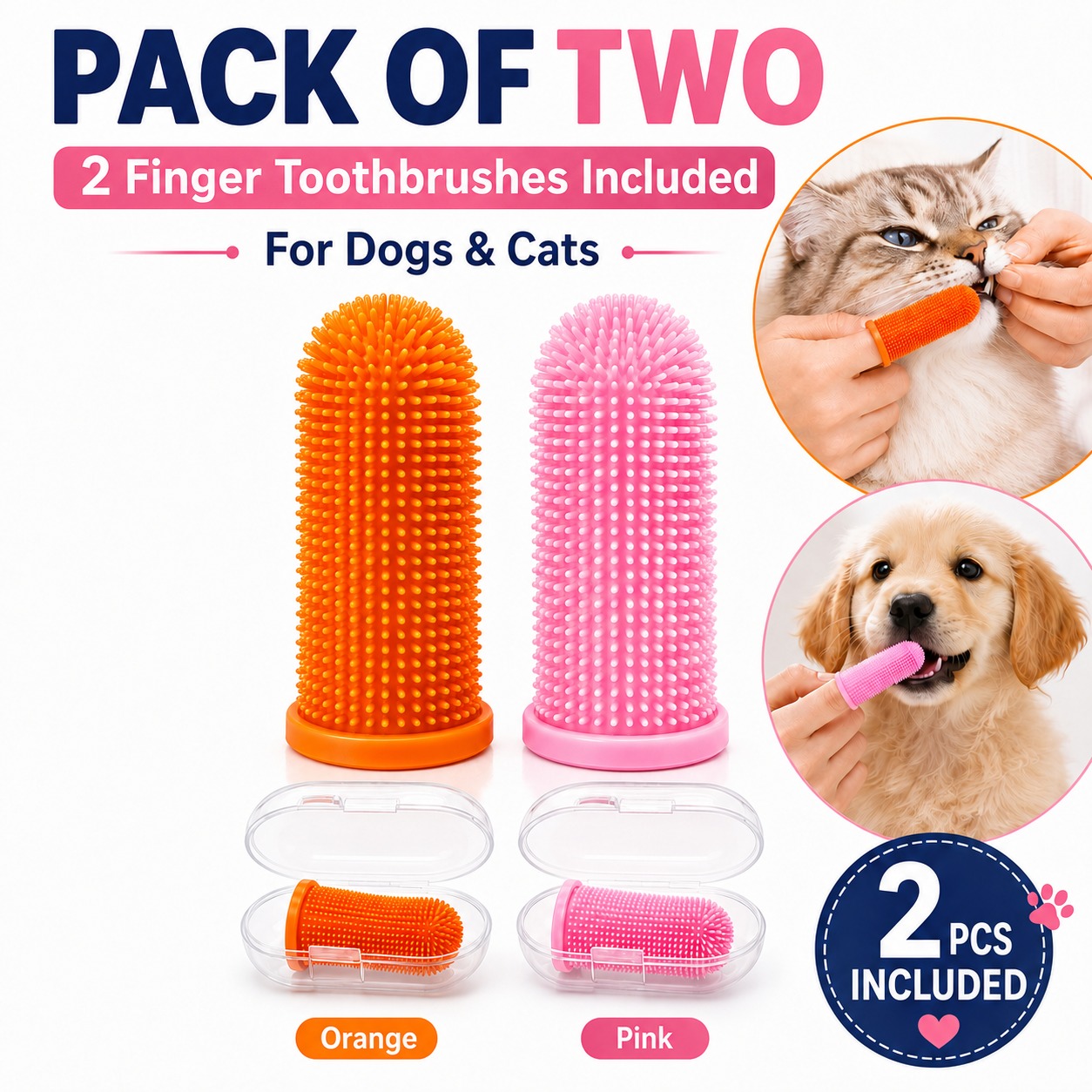 Pack of 2 Silicone Pet Finger Toothbrushes Orange & Pink 1 Pack of 2 Silicone Pet Finger Toothbrushes Orange & Pink