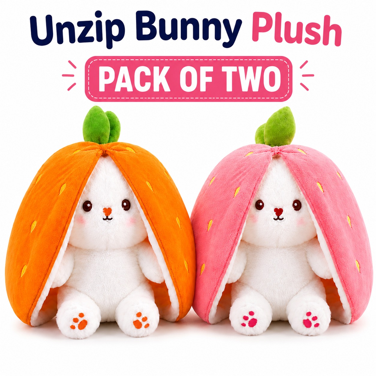 Pack of 2 Unzip Bunny Plush Toys Orange & Pink 1 Pack of 2 Unzip Bunny Plush Toys Orange & Pink