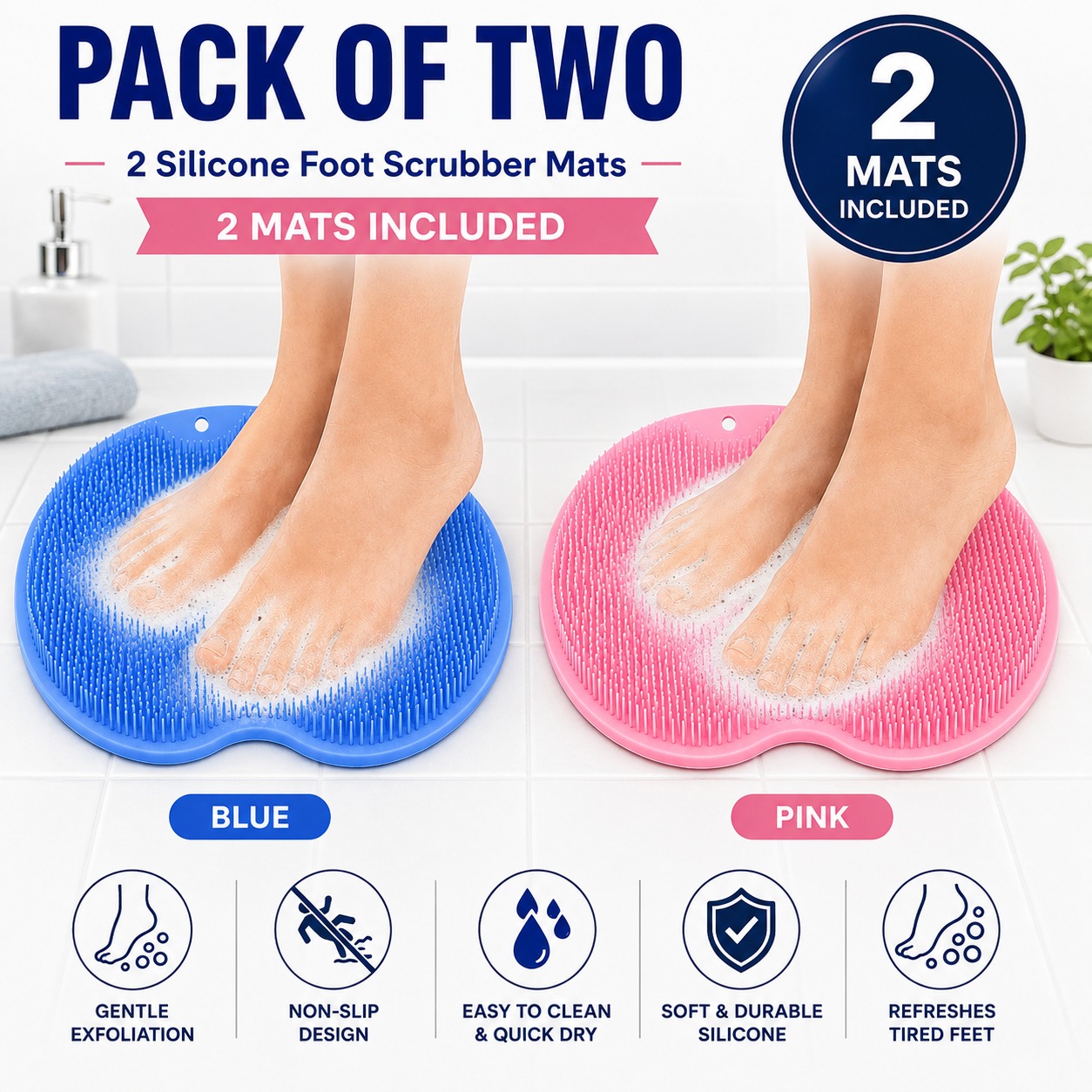 Pack of 2 Silicone Foot Scrubber Mats Blue & Pink 1 Pack of 2 Silicone Foot Scrubber Mats Blue & Pink