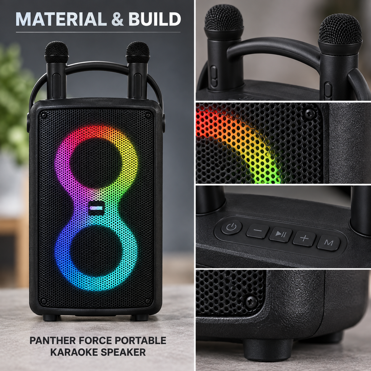 Panther Force Portable Karaoke Speaker Party Machine with 2 Microphones & Dynamic RGB Lights 4 Panther Force Portable Karaoke Speaker Party Machine with 2 Microphones & Dynamic RGB Lights - Image 4