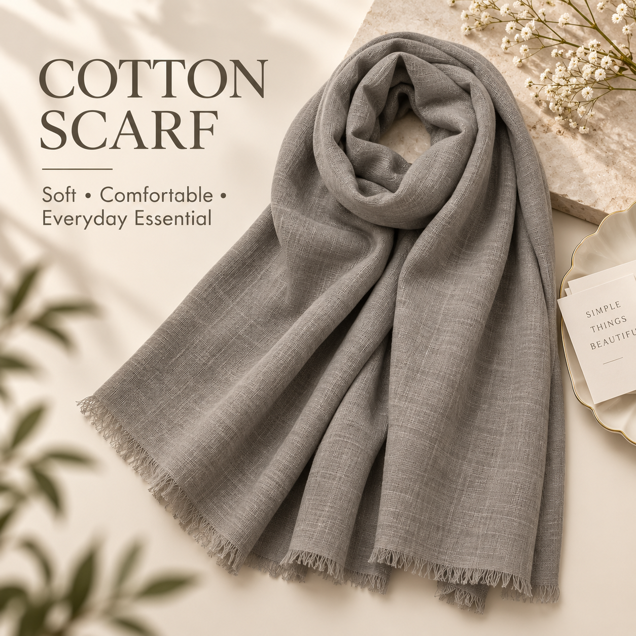 Taupe Grey Cotton Scarf – Soft, Comfortable Everyday Essential 1 Taupe Grey Cotton Scarf – Soft, Comfortable Everyday Essential