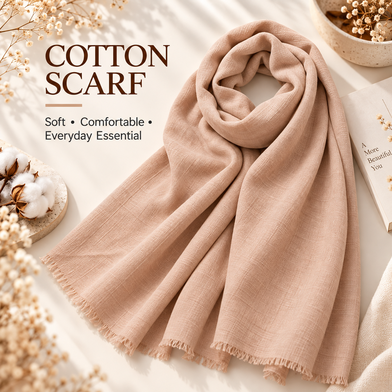 Peach Nude Cotton Scarf – Soft, Comfortable Everyday Essential 1 Peach Nude Cotton Scarf – Soft, Comfortable Everyday Essential