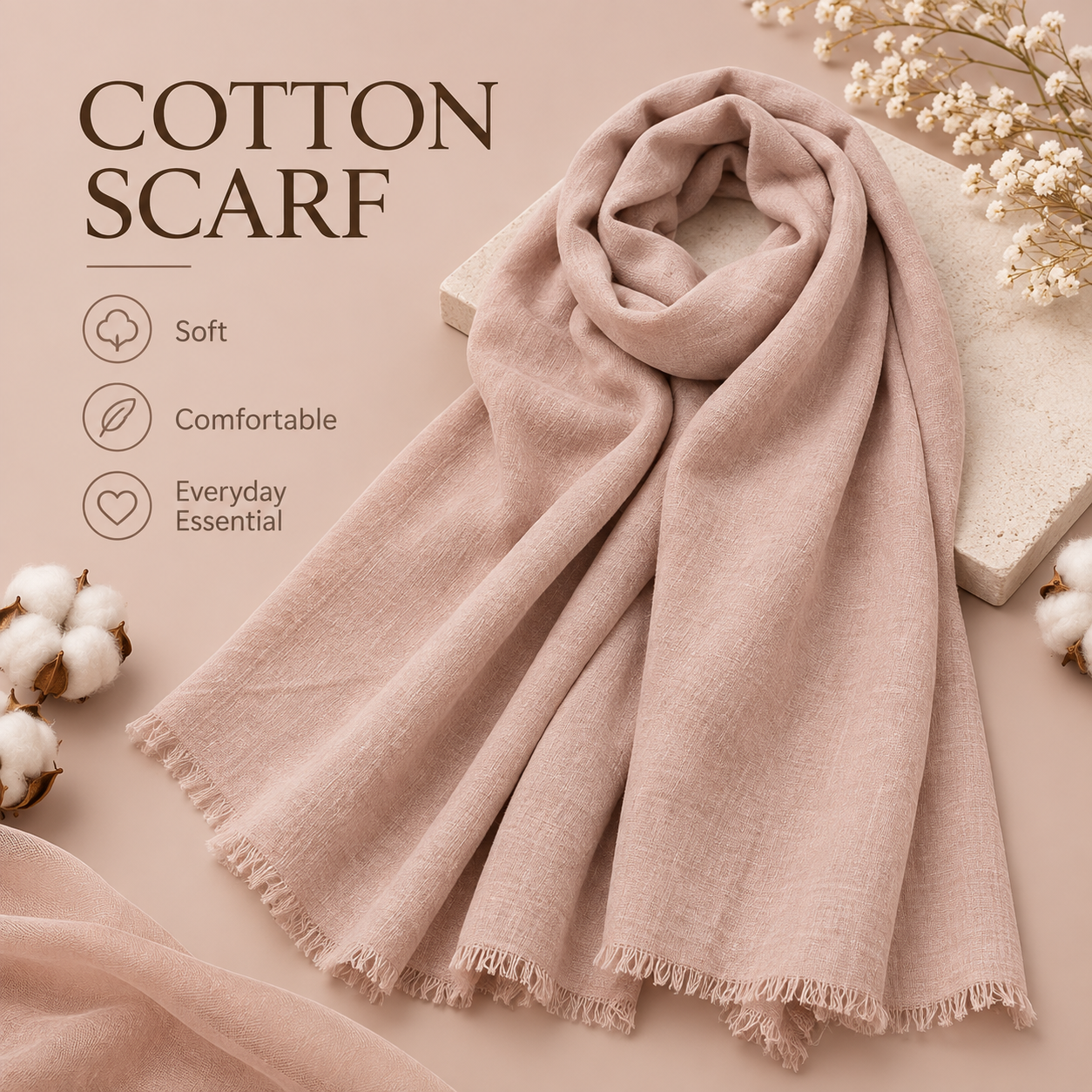 Premium Dusty Pink Cotton Scarf – Soft & Comfortable Everyday Essential Wrap 1 Premium Dusty Pink Cotton Scarf – Soft & Comfortable Everyday Essential Wrap