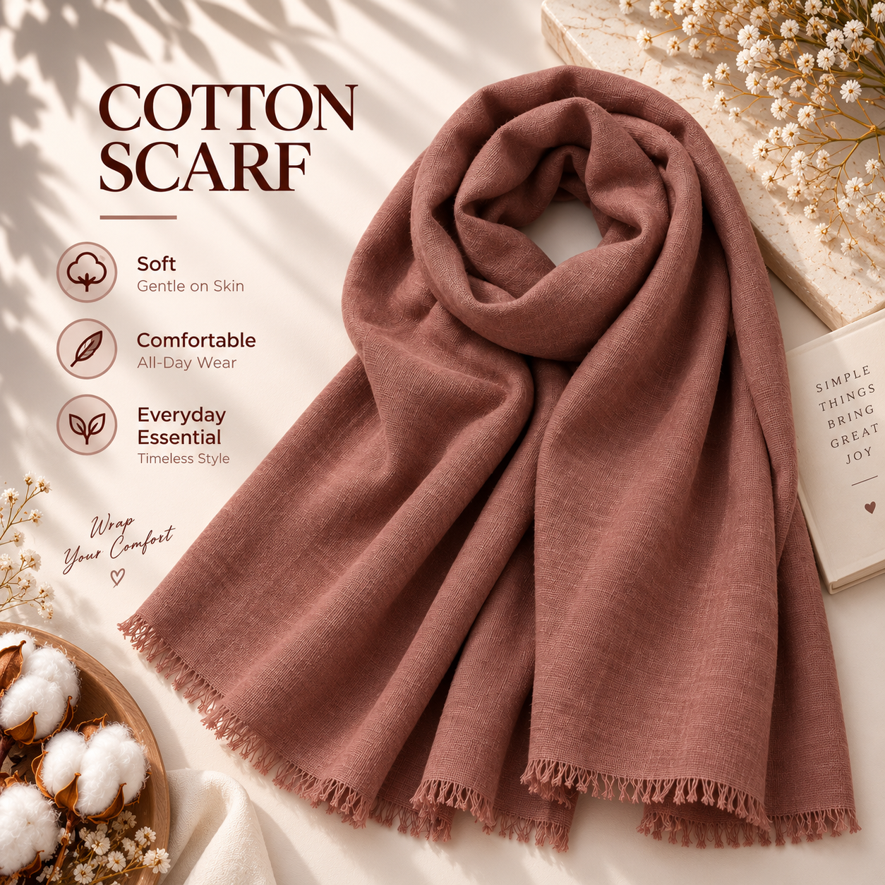 Premium Mud Rose Cotton Scarf – Soft & Comfortable Everyday Essential Wrap 1 Premium Mud Rose Cotton Scarf – Soft & Comfortable Everyday Essential Wrap