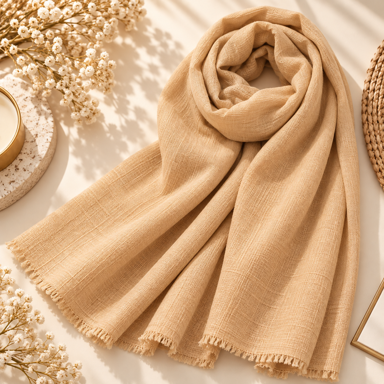 Premium Champagne Beige Cotton Scarf – Soft & Comfortable Everyday Essential Wrap 1 Premium Champagne Beige Cotton Scarf – Soft & Comfortable Everyday Essential Wrap