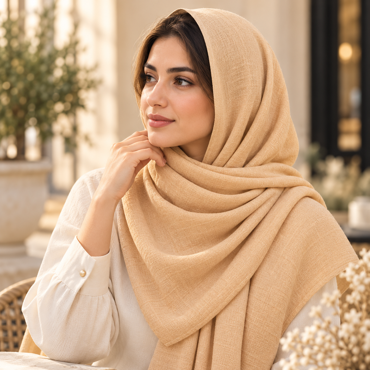 Premium Champagne Beige Cotton Scarf – Soft & Comfortable Everyday Essential Wrap 3 Premium Champagne Beige Cotton Scarf – Soft & Comfortable Everyday Essential Wrap - Image 3