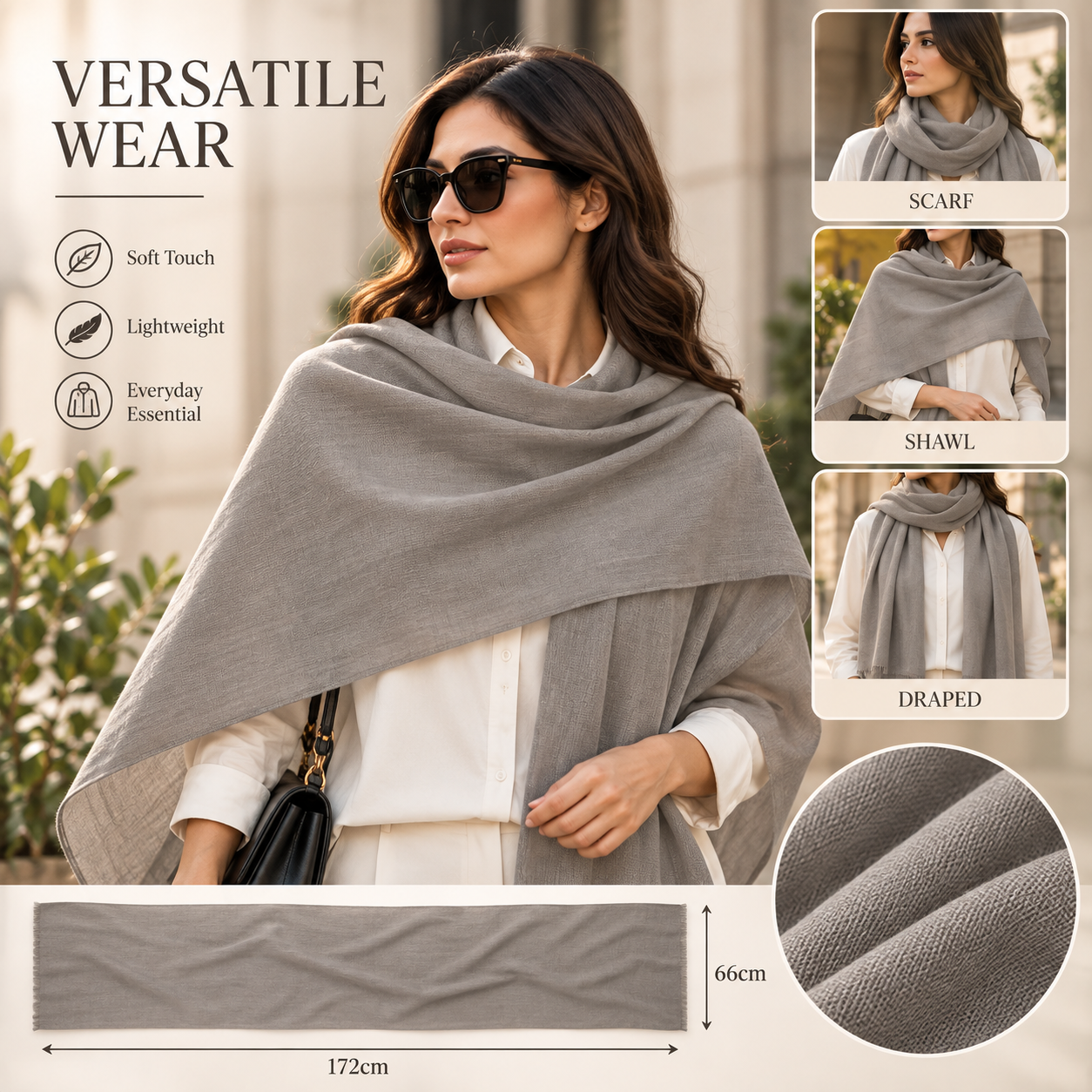 Taupe Grey Cotton Scarf – Soft, Comfortable Everyday Essential 4 Taupe Grey Cotton Scarf – Soft, Comfortable Everyday Essential - Image 4