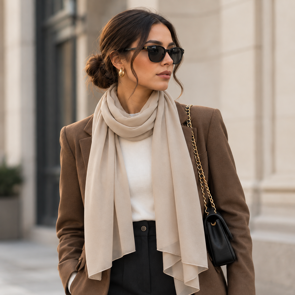 Women Elegant Greige Beige Georgette Scarf Lightweight Soft Hijab Wrap 5 Women Elegant Greige Beige Georgette Scarf Lightweight Soft Hijab Wrap - Image 5