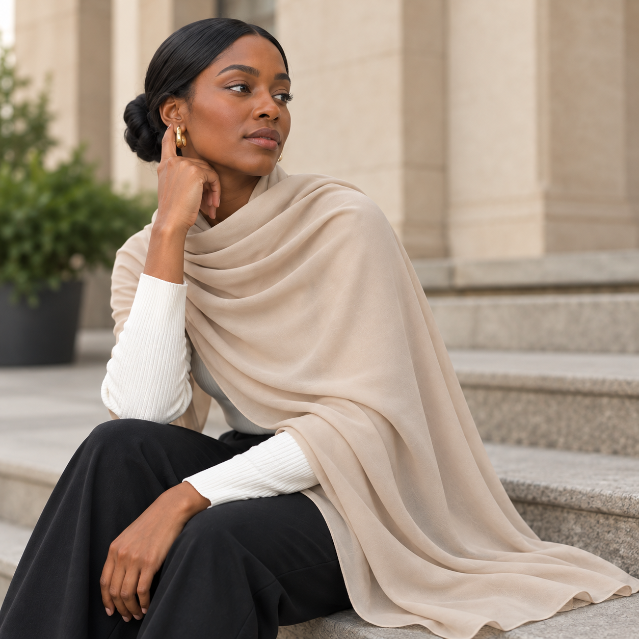 Women Elegant Greige Beige Georgette Scarf Lightweight Soft Hijab Wrap 6 Women Elegant Greige Beige Georgette Scarf Lightweight Soft Hijab Wrap - Image 6