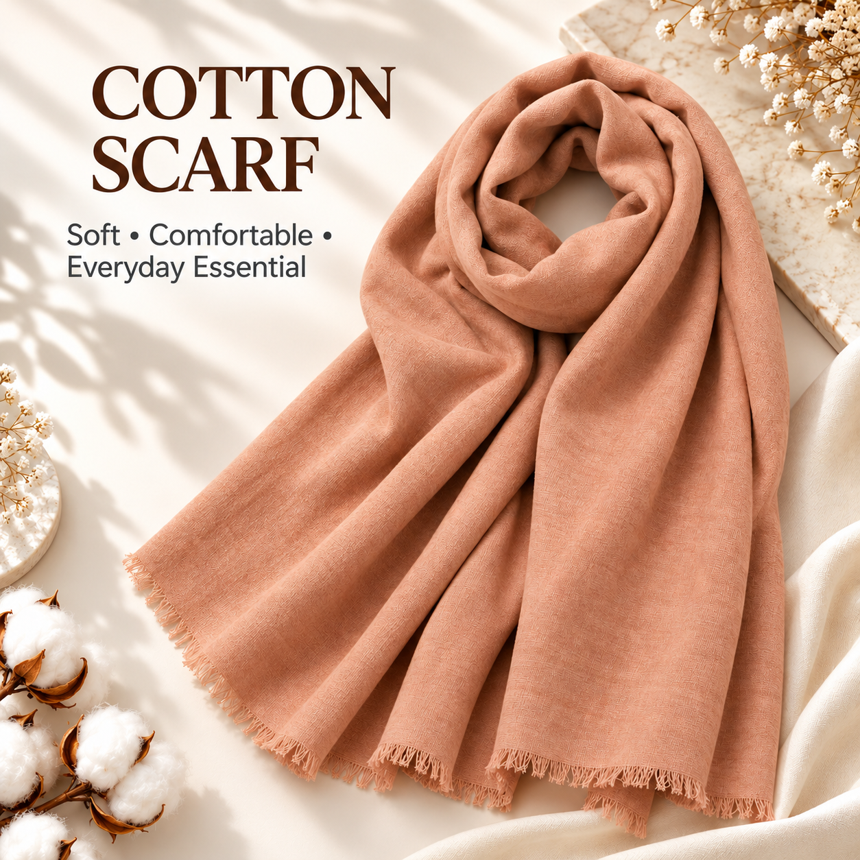 Warm Peach Nude Cotton Scarf – Soft, Comfortable Everyday Essential 1 Warm Peach Nude Cotton Scarf – Soft, Comfortable Everyday Essential