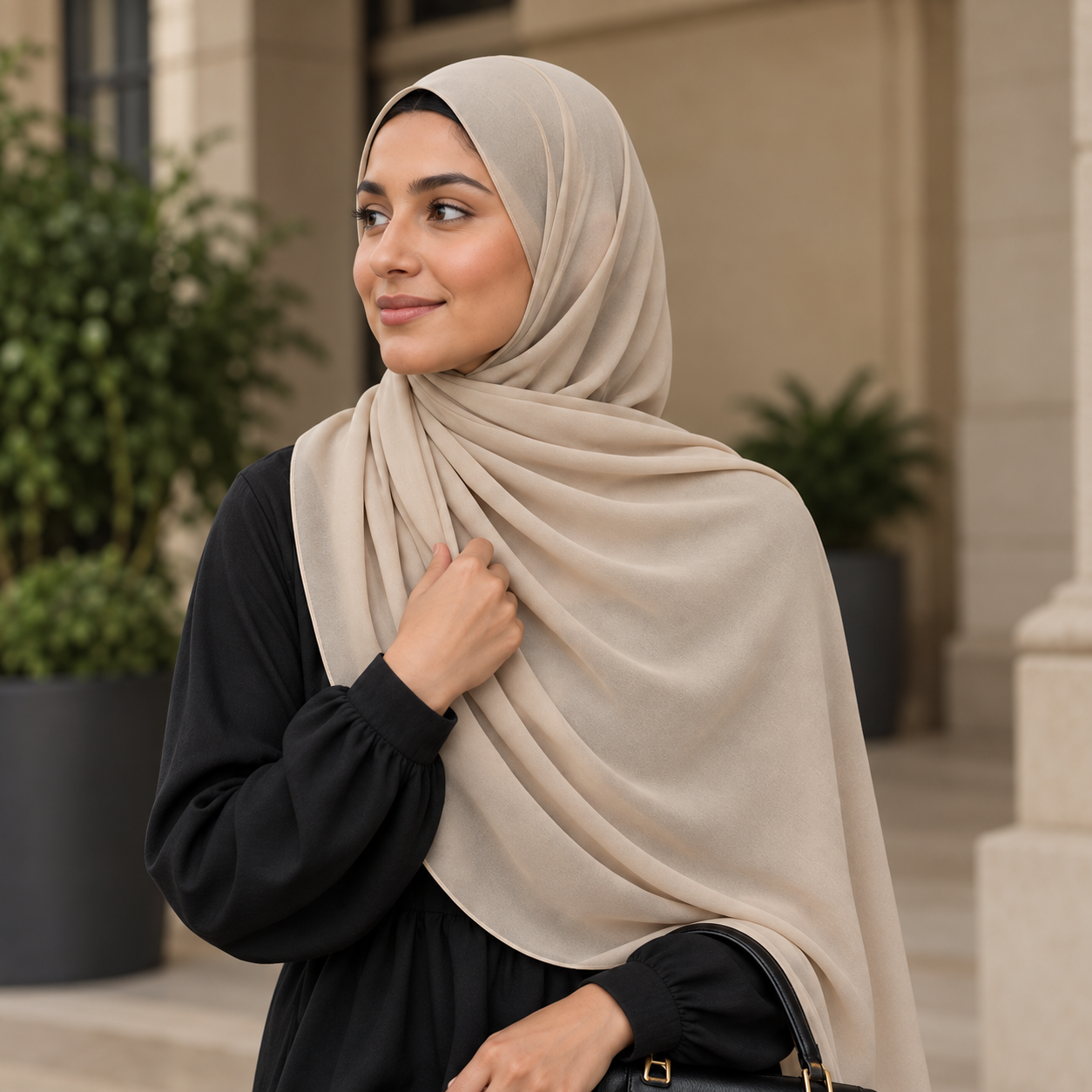 Women Elegant Greige Beige Georgette Scarf Lightweight Soft Hijab Wrap 7 Women Elegant Greige Beige Georgette Scarf Lightweight Soft Hijab Wrap - Image 7