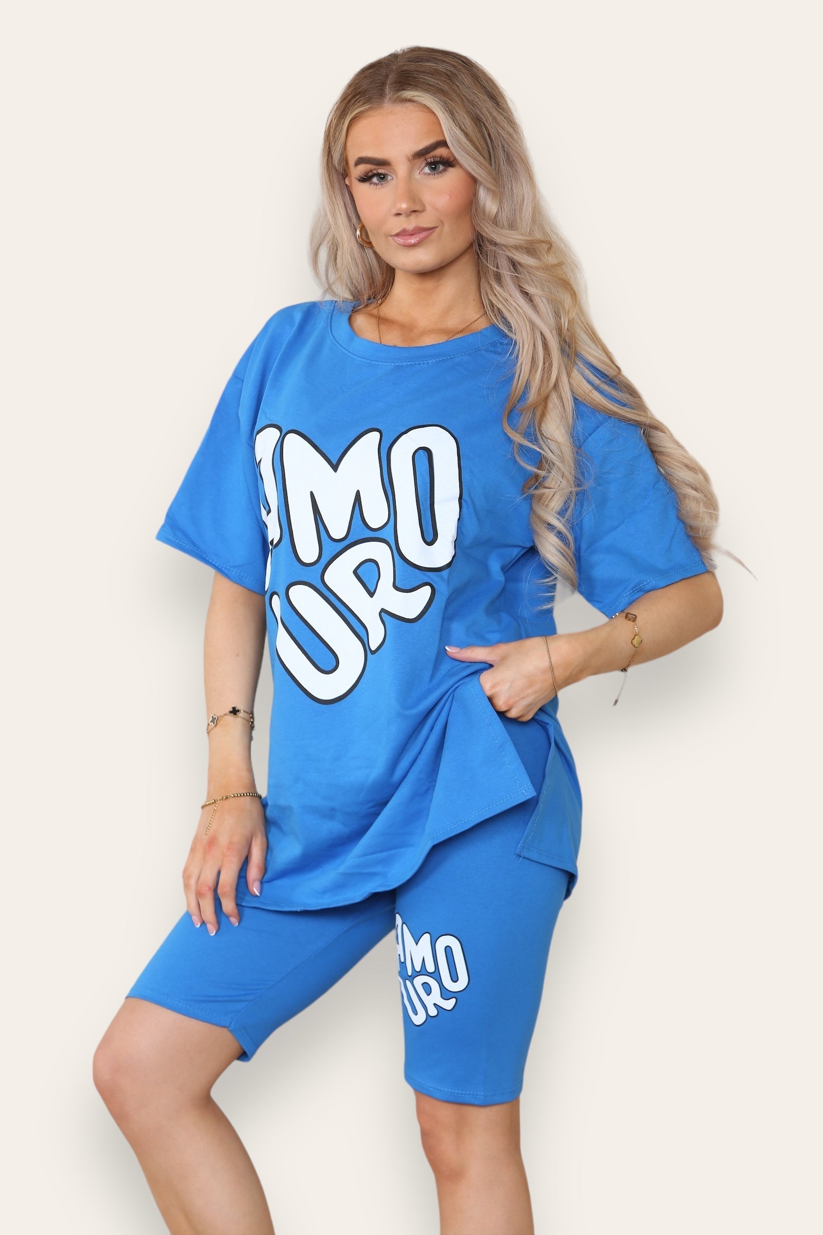Cycling Short and T-Shirts Co-Ord Two Piece Side Slit Set with Front Printed Slogan 4 Cycling Short and T-Shirts Co-Ord Two Piece Side Slit Set with Front Printed Slogan - Image 4