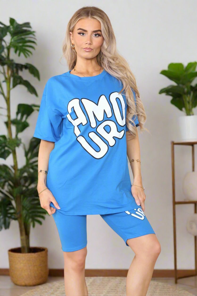 Cycling Short and T-Shirts Co-Ord Two Piece Side Slit Set with Front Printed Slogan 3 Cycling Short and T-Shirts Co-Ord Two Piece Side Slit Set with Front Printed Slogan - Image 3